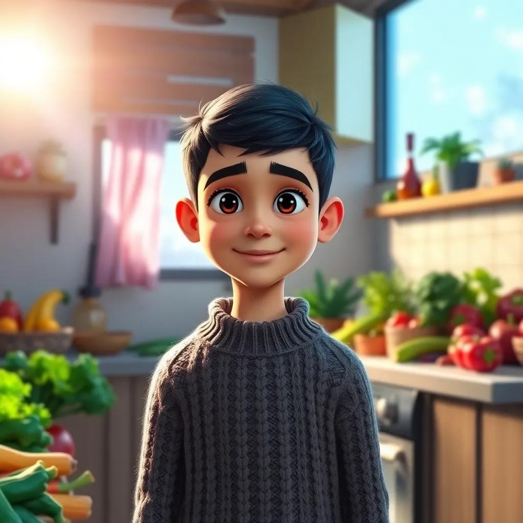 A bright winter sun shining on a young boy, Omar, with short black hair, wearing a warm sweater, standing in a kitchen filled with fresh vegetables, digital art, vibrant colors, cheerful atmosphere, high quality