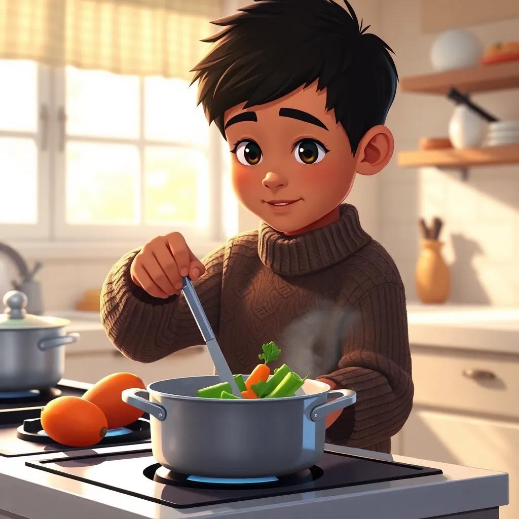 Omar, a young boy, with short black hair, wearing a cozy sweater, stirring vegetables in a pot on a stove, bright kitchen with sunlight pouring in, illustration, warm and inviting, child-friendly