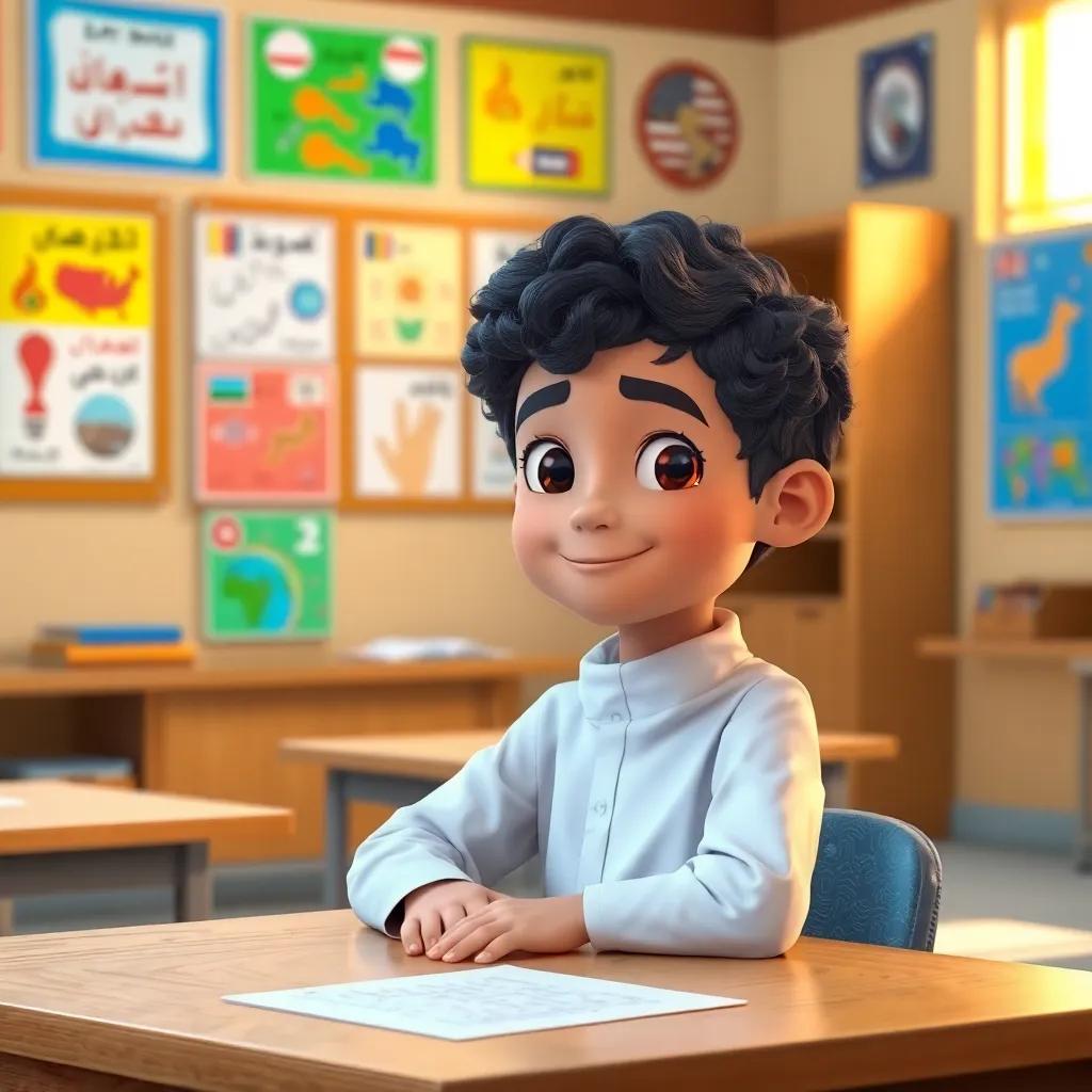 A young Arab boy, Omar, with short, curly dark hair, wearing a white dishdasha, sitting at a wooden desk in his classroom filled with colorful posters about Arabic language and AI, digital art, cheerful, educational theme, warm light, vibrant colors, engaging atmosphere, high quality.