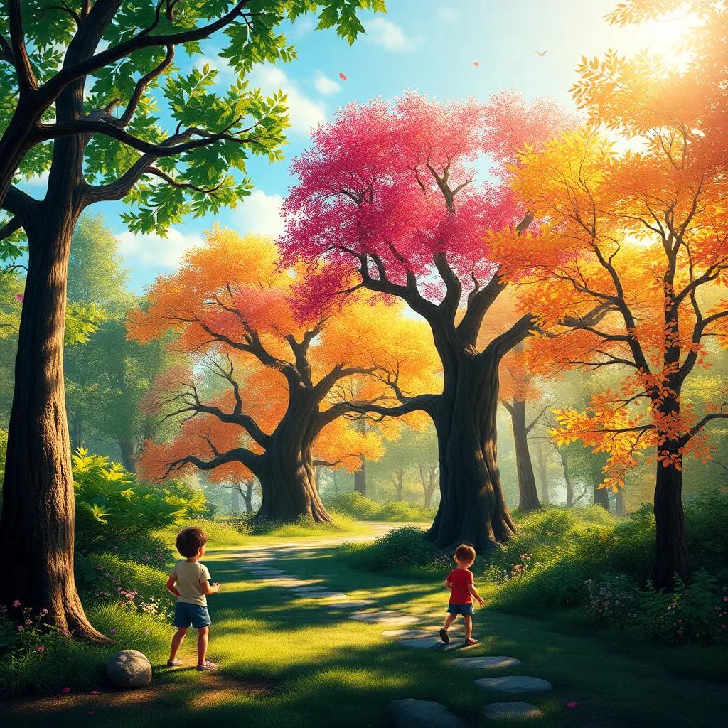 A magical forest with trees flying and talking to children, colorful leaves sparkling under the sunlight, whimsical atmosphere, digital art, vibrant colors, inviting scene, high quality
