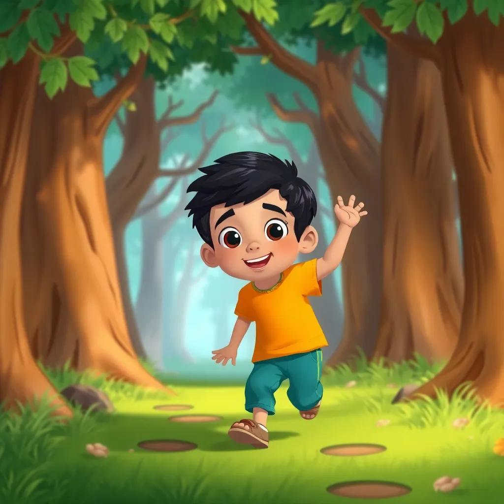 A young Arab boy, Sami, with short black hair wearing a bright t-shirt and pants, entering a magical forest with excitement, trees welcoming him, illustration, cheerful and adventurous, child-friendly