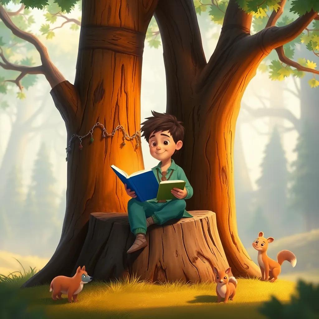 Sami sitting on a tree stump with trees around him telling stories, lively forest animals nearby, enchanting surroundings, warm light, colorful illustrations, engaging feeling