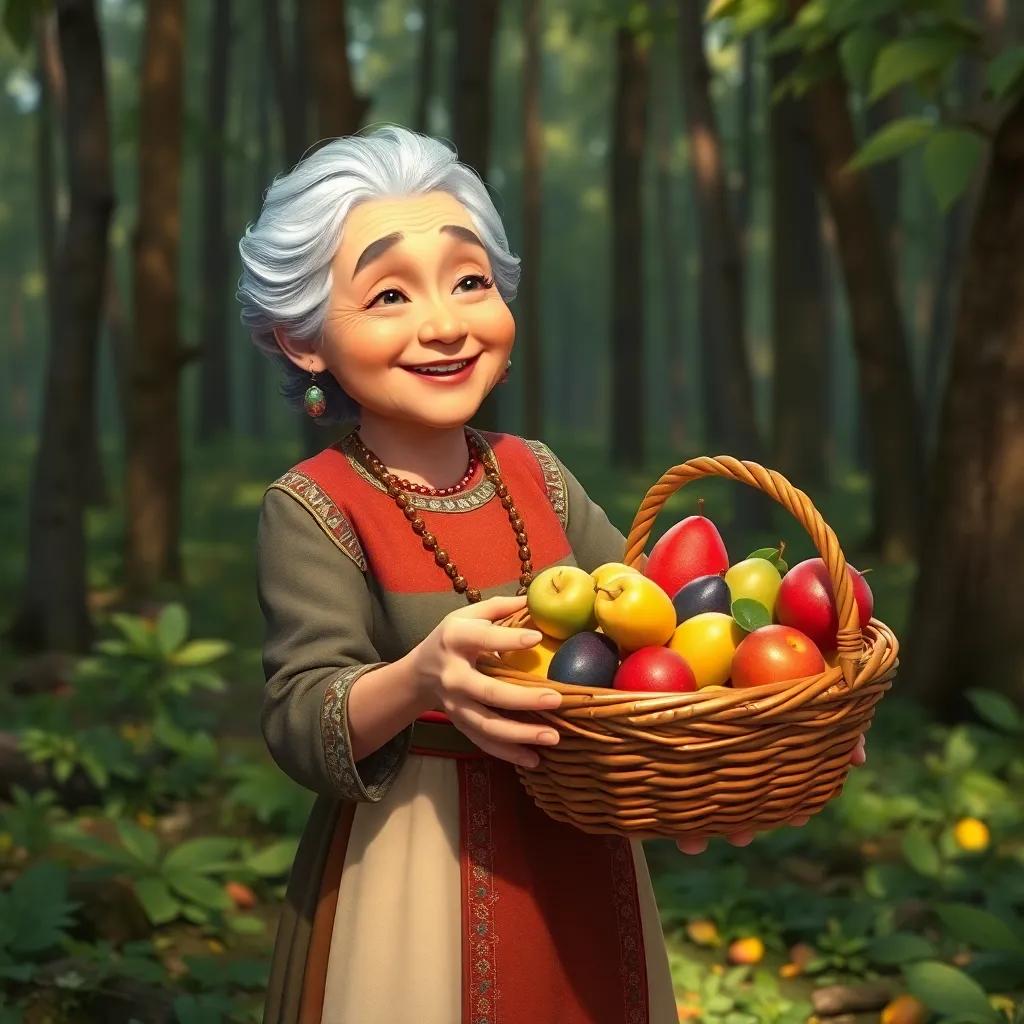 An elderly woman in the forest holding a basket full of magical fruits, wearing a traditional dress, surrounded by trees, smiles warmly at Sami, vibrant colors, heartwarming scene, storytelling view