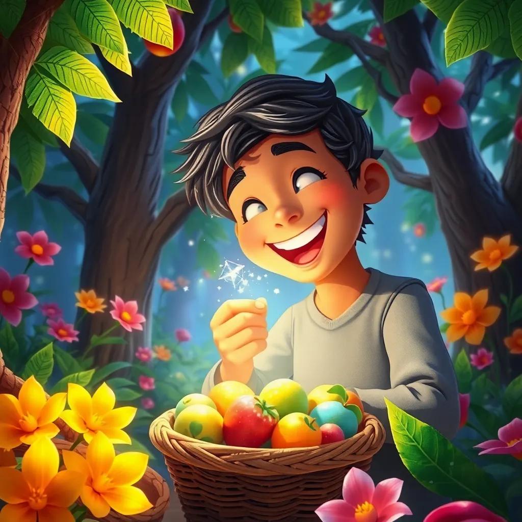 Sami tasting a magical fruit from the basket, happiness lighting up his face, trees watching him with joy, surrounded by colorful flora, lively and enchanting atmosphere, detailed digital art