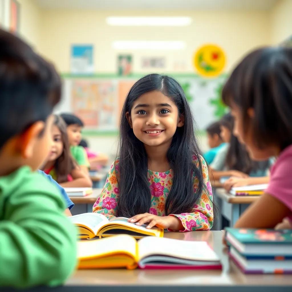 A girl named Ghada, a young Arab girl with long dark hair, wearing a colorful dress, sitting at a school desk surrounded by books and friends, smiling and looking determined, bright classroom interior, children-friendly, digital art, vibrant colors, uplifting atmosphere, playful perspective, high quality