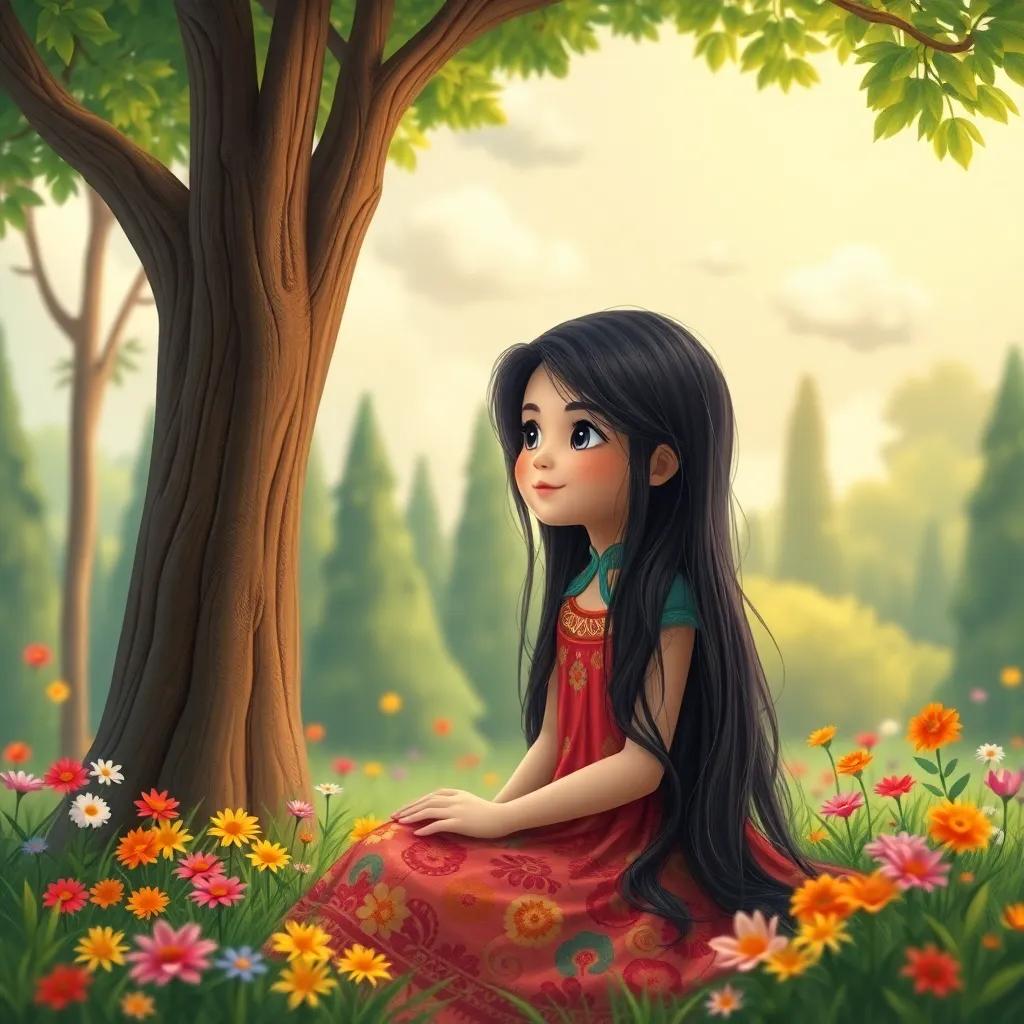 Ghada, a young Arab girl with long dark hair in a colorful dress, imagining a magical garden with tall trees and bright flowers, sitting under a tree with clouds above, whimsical style, bright colors, cheerful, vibrant fantasy scene, high quality