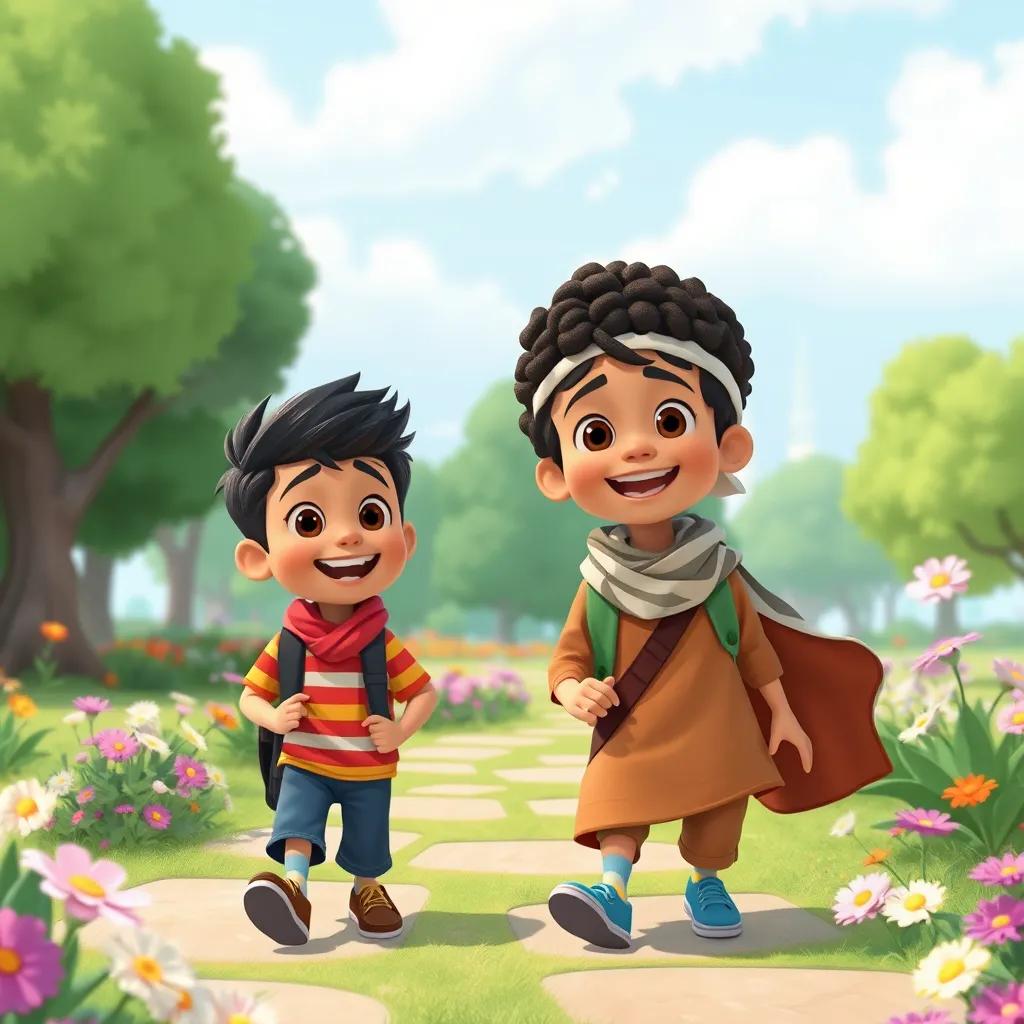 Ghazi and his new friend Sami, a young Saudi boy with curly hair and a bright smile, exploring a beautiful park with flowers and trees, illustration, cheerful, adventure-themed, child-friendly