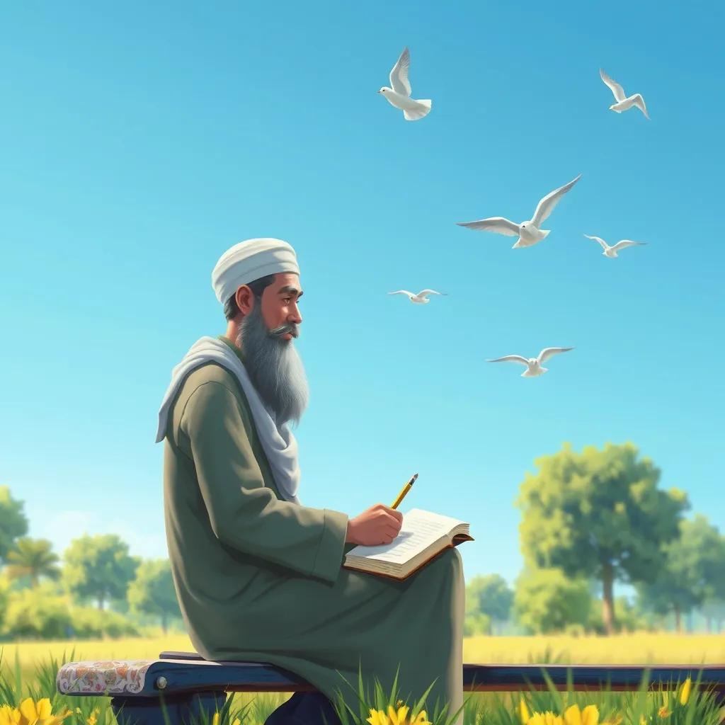 Ghazi writing poetry under a clear blue sky, sitting on a bench in the park with a notebook and pencil, with birds flying around, digital painting, serene, uplifting