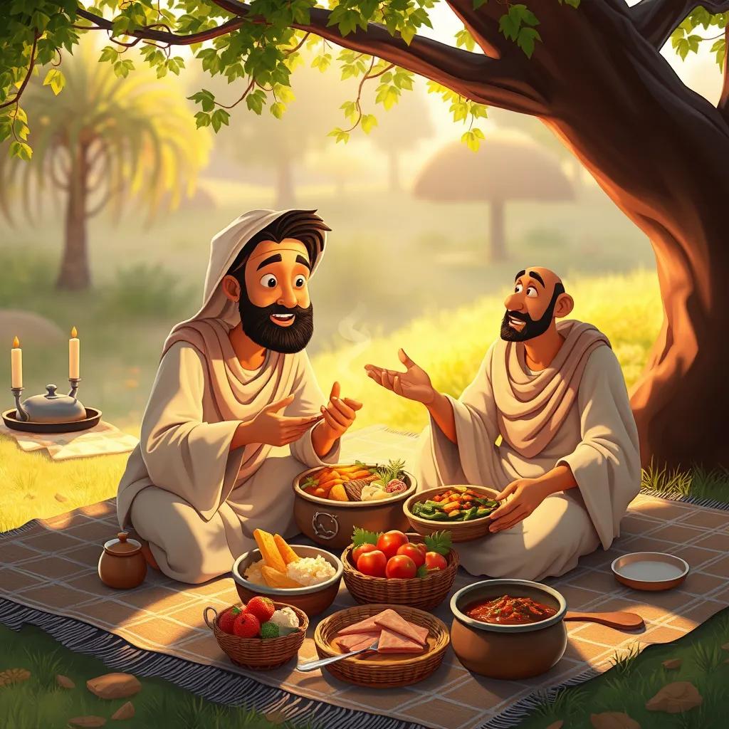 Sami sharing traditional food with Ghazi, sitting on a picnic blanket under a tree, surrounded by delicious dishes, warm light, inviting atmosphere, storybook style