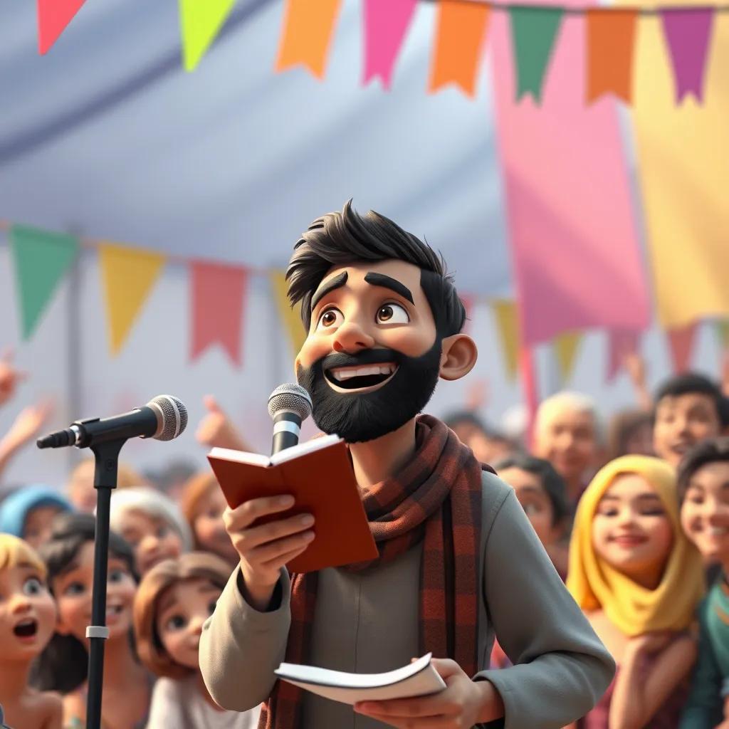 Ghazi performing at a poetry festival with a crowd of happy faces, colorful banners in the background, showcasing creativity and joy, accurate details, festive ambiance, high quality