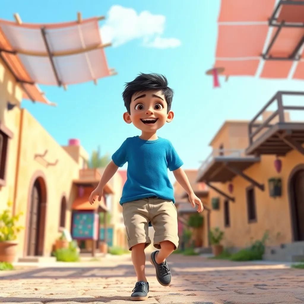 A young Arab boy, Hamad, with short black hair, wearing a blue t-shirt and khaki shorts, joyfully exploring a sunny village, vibrant colors, cheerful atmosphere, high quality