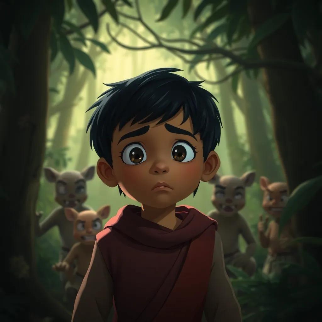 A young Arab boy, Hamad, with short black hair, looking worried in a dense forest, surrounded by mischievous friends lurking in the background, dark greens and browns, tense atmosphere, high quality