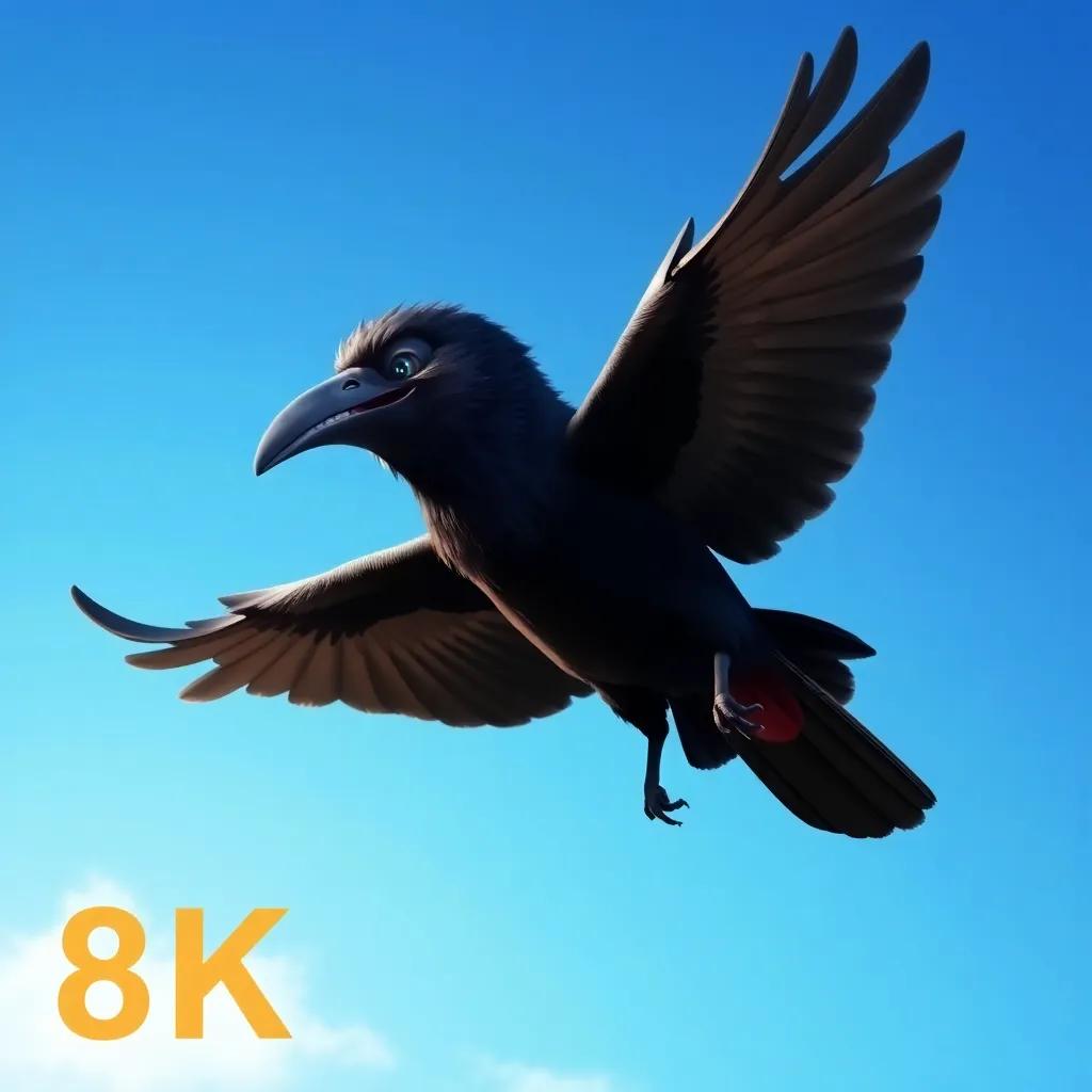 A thirsty crow flying in the sky, expressing desperation, searching for water, bright blue sky, digital art, vivid colors, emotional and engaging atmosphere