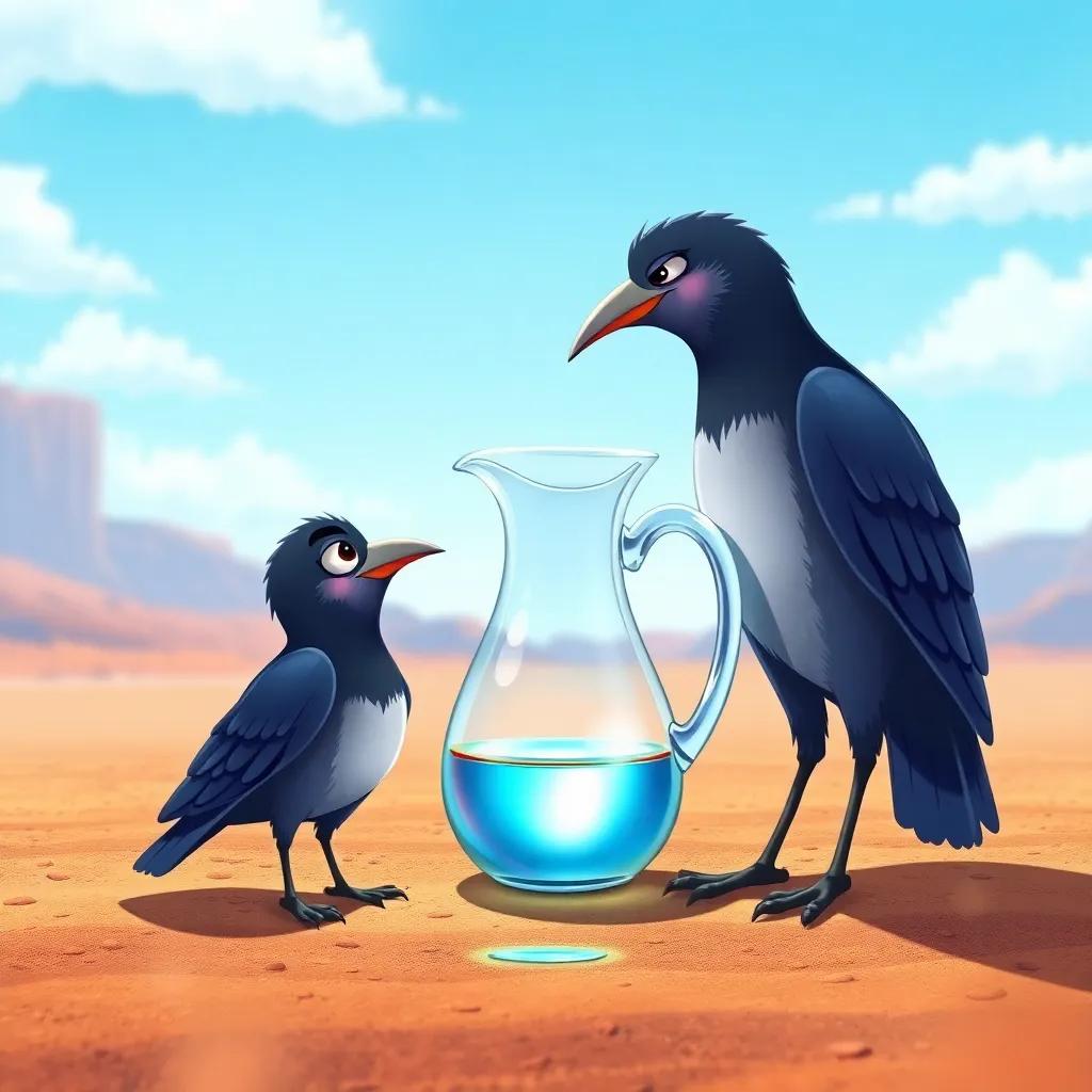 Crow standing next to a shining pitcher, looking at the little water inside, a landscape of dry earth and blue sky, cheerful illustration, bright and colorful, high quality