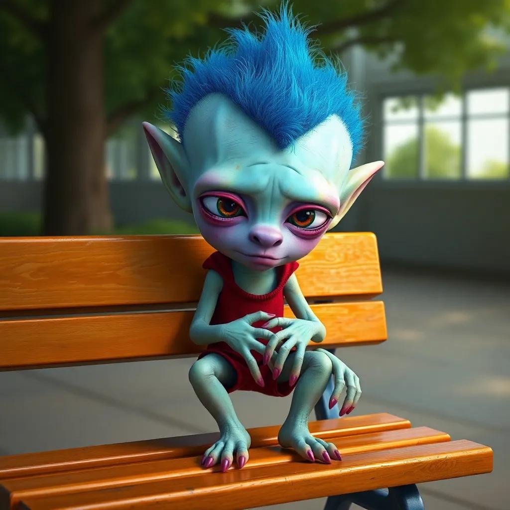 A strange alien named Grundo with 17 fingers and toes, blue hair, and a purple nose, sitting sadly on a school bench, digital art, colorful, emotional atmosphere, high quality