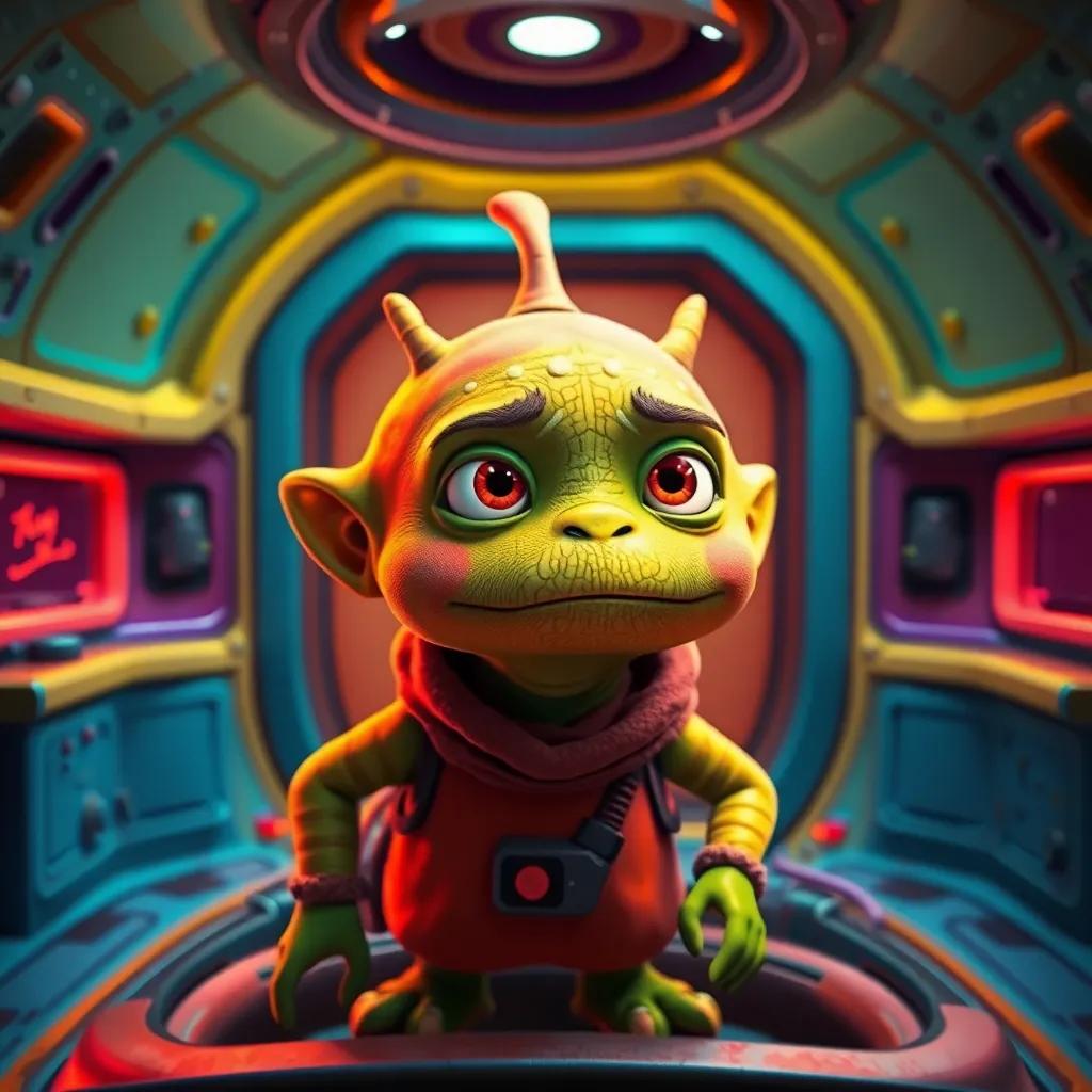 Grundo, an alien with unique features, looking determined while preparing to leave in a spaceship, in a vibrant, colorful room, digital art, adventure theme, warm lighting