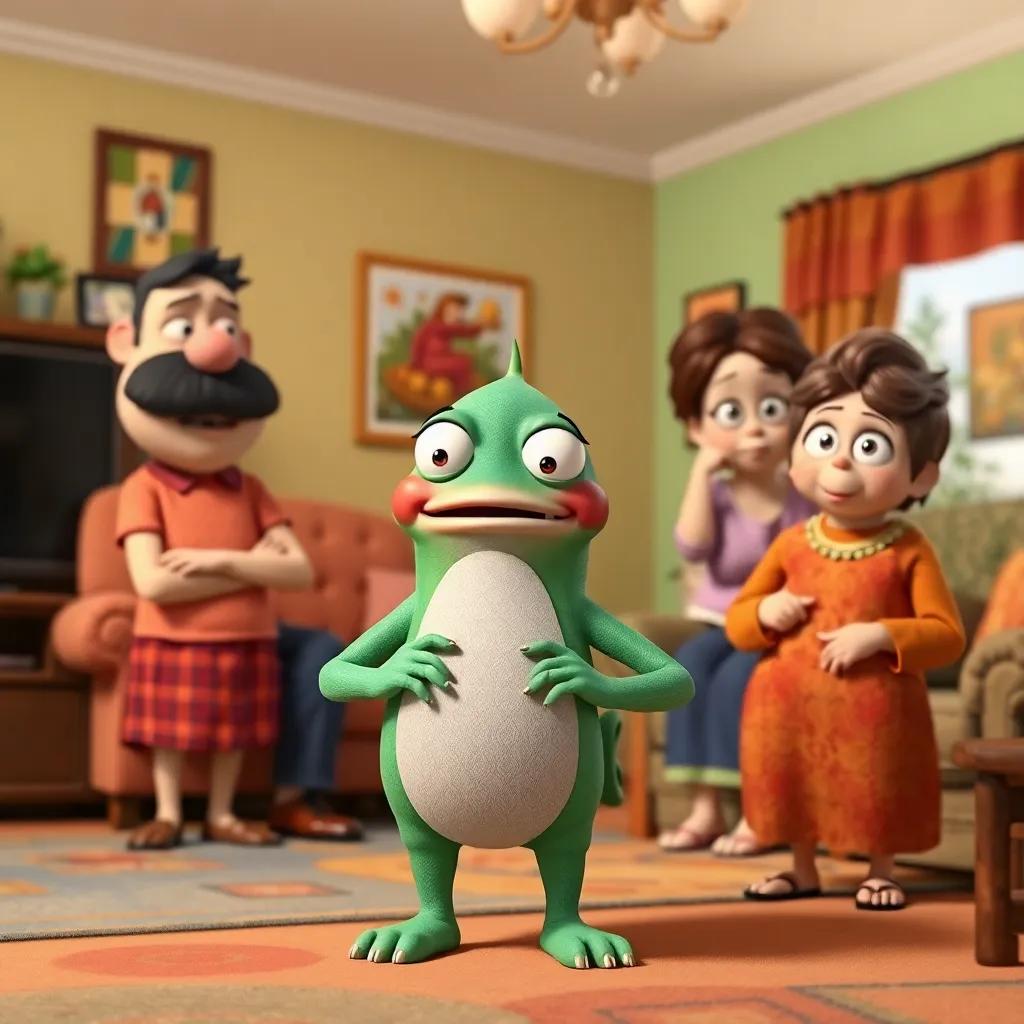 Grundo pretending to have a meeting with friends, standing with exaggerated expressions, his parents looking skeptical, colorful living room, digital art, humorous scene, bright colors
