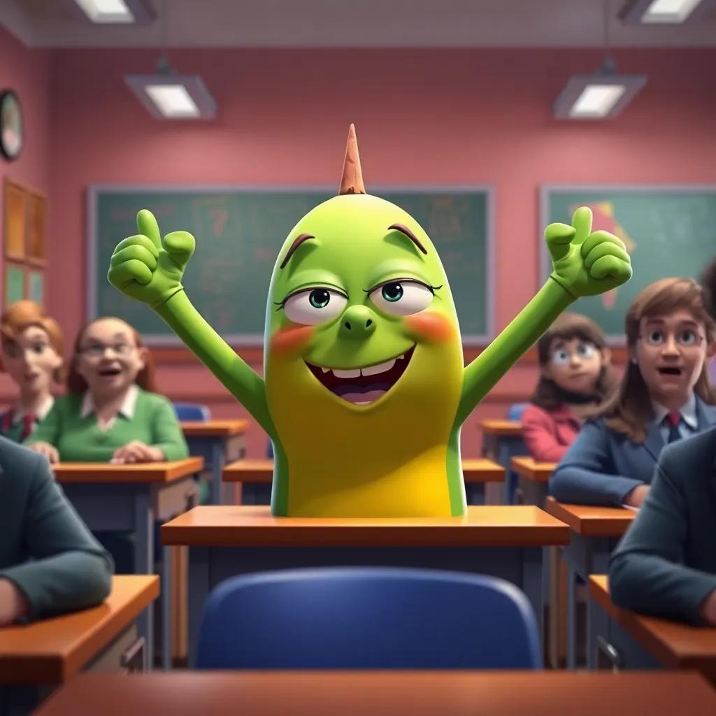 Grundo feeling triumphant, looking clever while being sarcastic in class, teachers showing surprise, colorful classroom, digital art, expressive faces, dynamic lighting