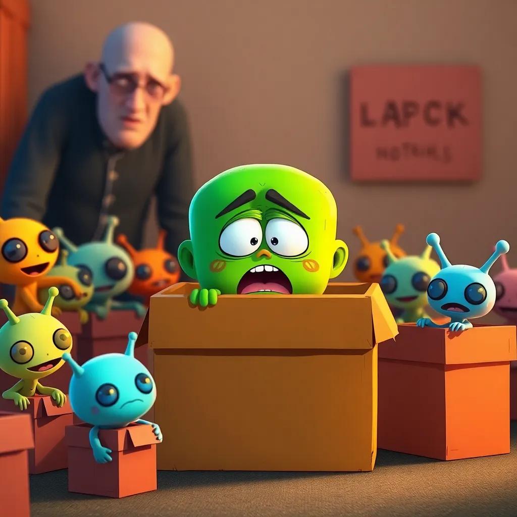 Grundo being put in a box by his upset parents, surrounded by funny aliens looking out from boxes, warm colors, comical scene, digital art, lively atmosphere