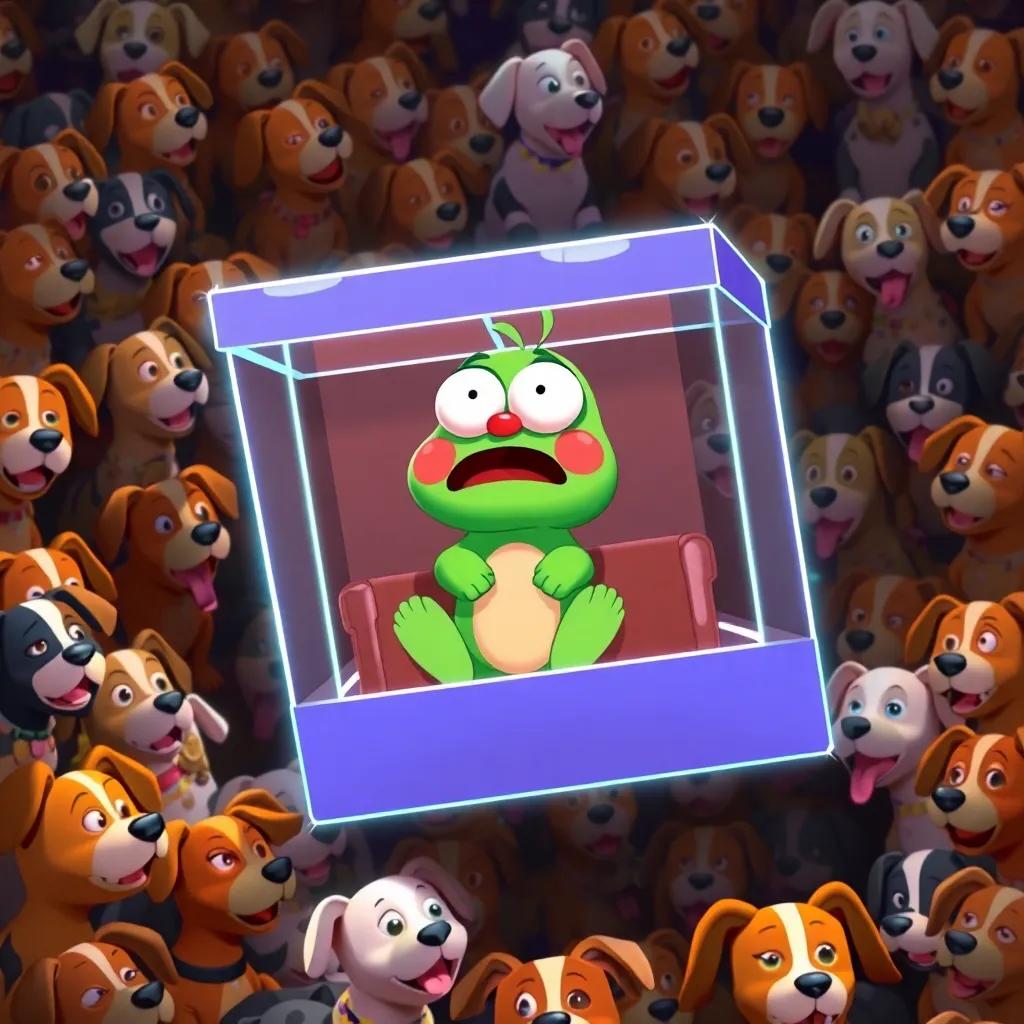 A floating box with Grundo inside, looking bored and playful, surrounded by 500 barking dogs, colorful, chaotic, digital art, animated style