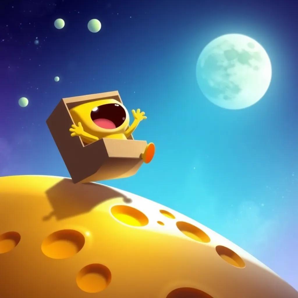 Grundo jumping out of a box and landing on a cheese-like moon, amazed by its surface looking like cheese, vibrant colors, digital art, whimsical atmosphere