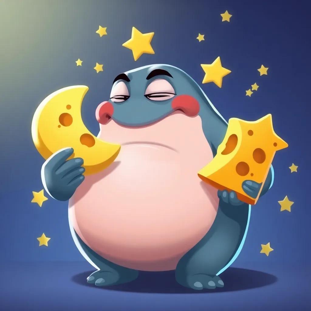Grundo trying to eat moon cheese, showing a comical expression, his belly swollen, surrounded by cartoonish stars, digital art, amusing scene, bright and colorful