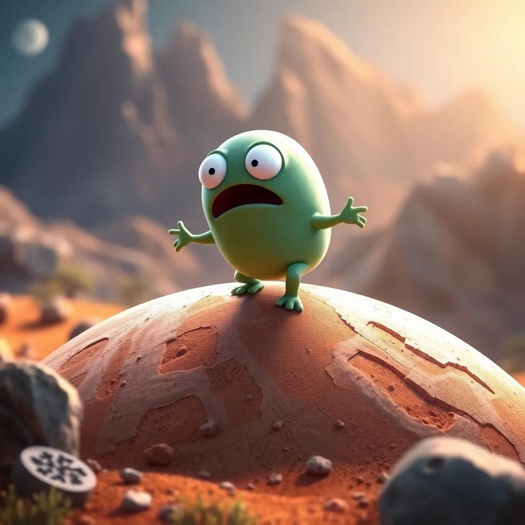 Grundo landing on Pluto, comically surprised by its smallness, animated style, whimsical landscape, colorful