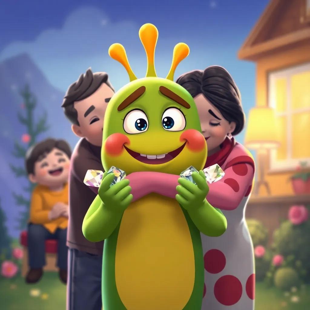 Grundo returning home, hugging his parents with joy, holding diamonds in his hands, warm family atmosphere, vibrant colors, digital art, heartwarming scene