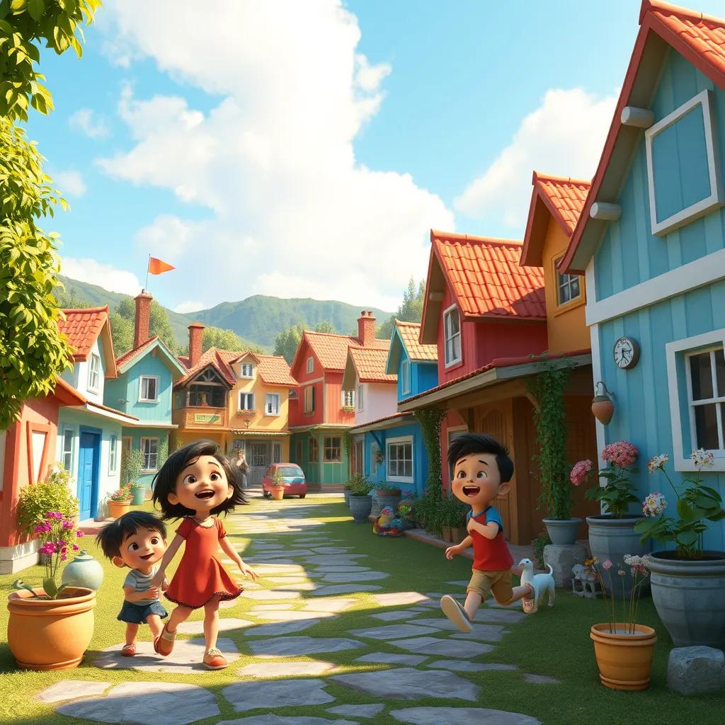 A sunny day in a small village called Omnia, children playing and laughing in the background, colorful houses and greenery around, cheerful atmosphere, digital art, vibrant colors, warm light, inviting scene, high quality