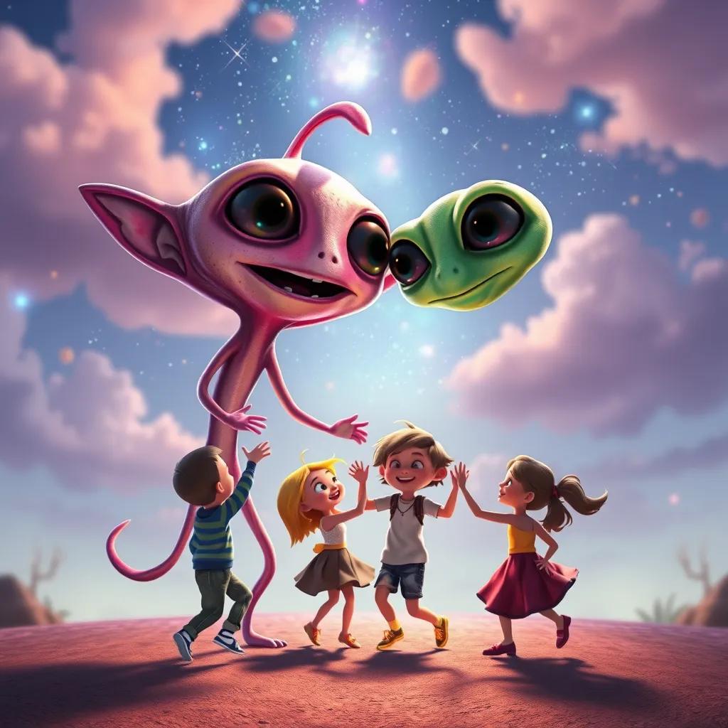 Two friendly alien creatures appearing from the sky, colorful and whimsical, blending seamlessly into the happy scene of children dancing with Rami, magical atmosphere, lively and enchanting, high quality