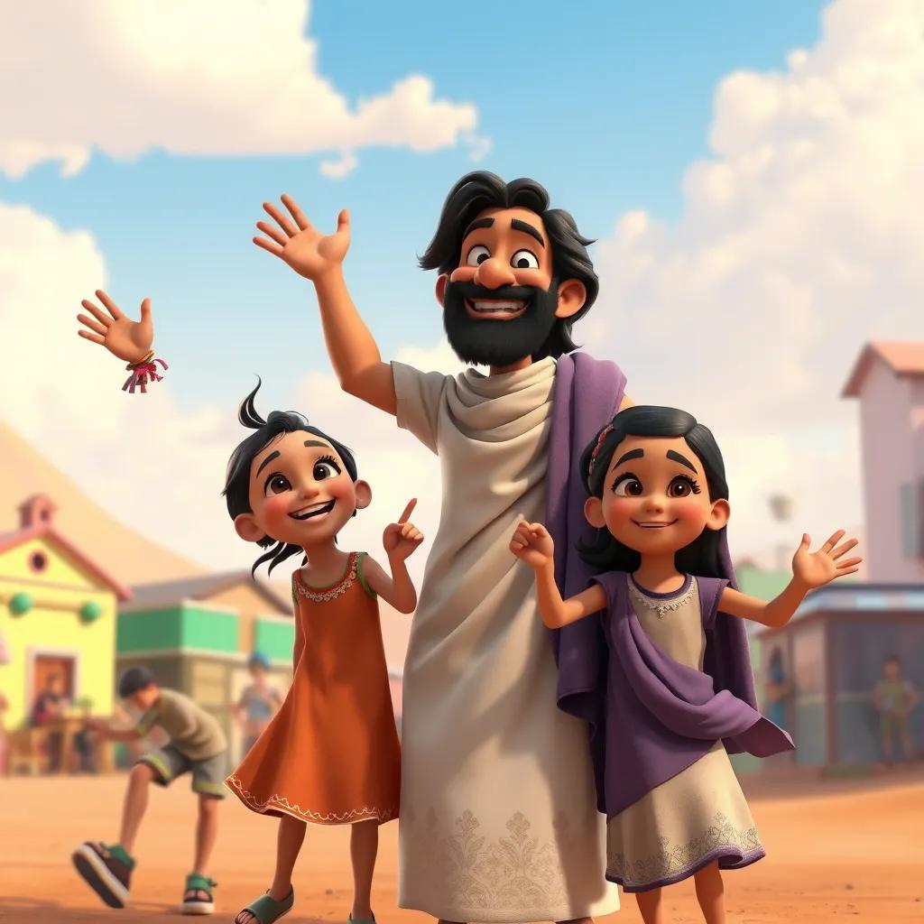 Rami with the children, all smiling and dancing in unity, the village background with colorful houses and bright blue sky, a sense of friendship and community, uplifting imagery, detailed digital art, joyful mood, high quality