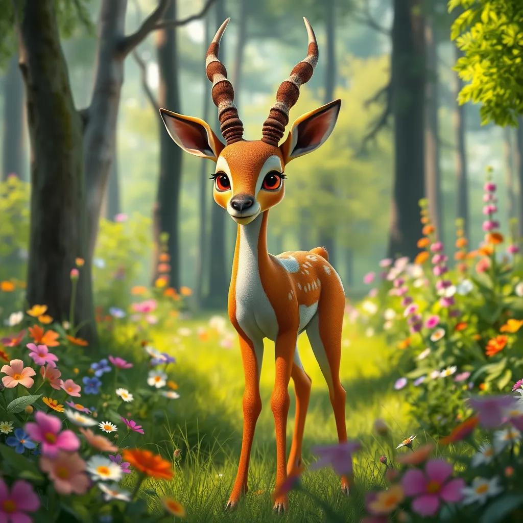 A beautiful gazelle, Ghazala, with shiny fur and bright eyes, standing in a lush green forest filled with colorful flowers and tall trees, digital art, vibrant colors, bright atmosphere, high quality