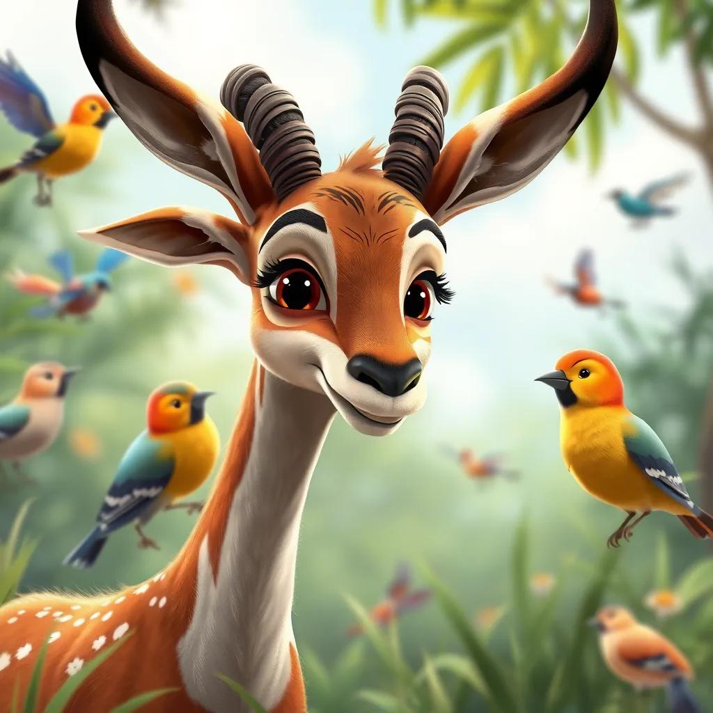 A young gazelle, Ghazala, curiously watching birds using smartphones with a look of wonder, surrounded by nature, cheerful, whimsical style, colorful, bright light