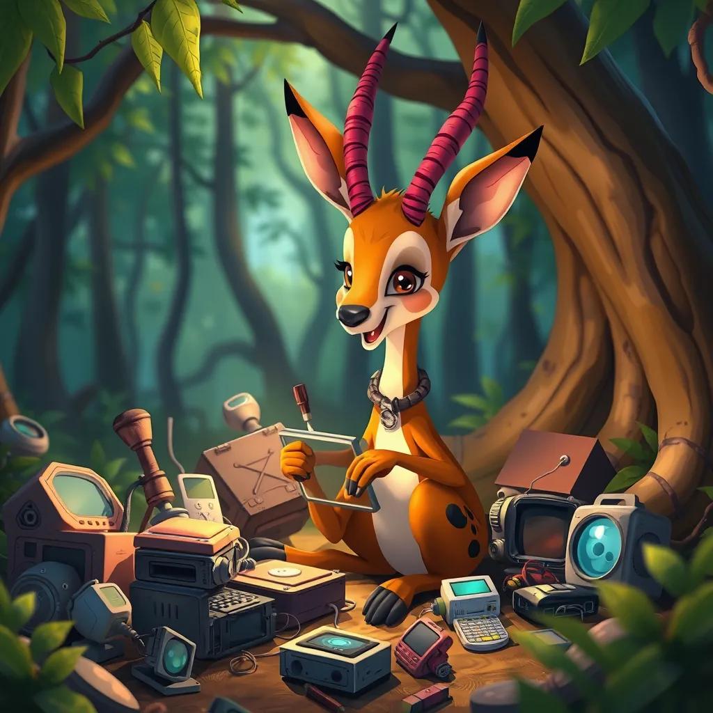 Ghazala the gazelle, surrounded by old technology parts she finds in the forest, excitedly assembling a new gadget, whimsical, cartoonish style, colorful, warm light