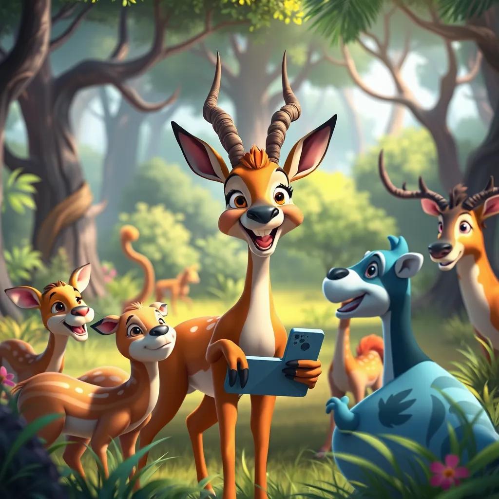 Ghazala, a joyful gazelle, inviting her animal friends in a lively forest clearing to try out her new gadget, excitement all around, vibrant colors, fun, bright scene