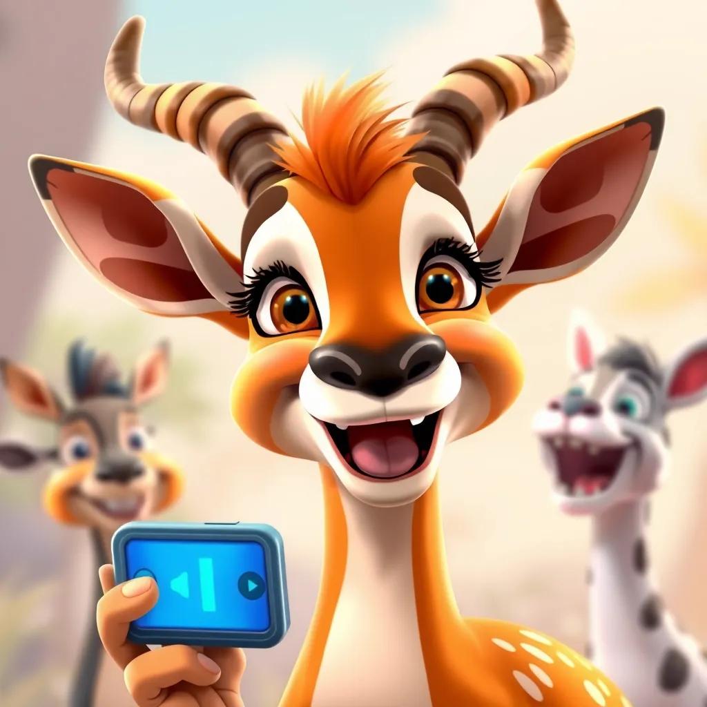 Ghazala, a happy gazelle with a big smile, enjoying a high-tech communication device with her animal friends, filled with laughter and joy, lively colors, uplifting atmosphere