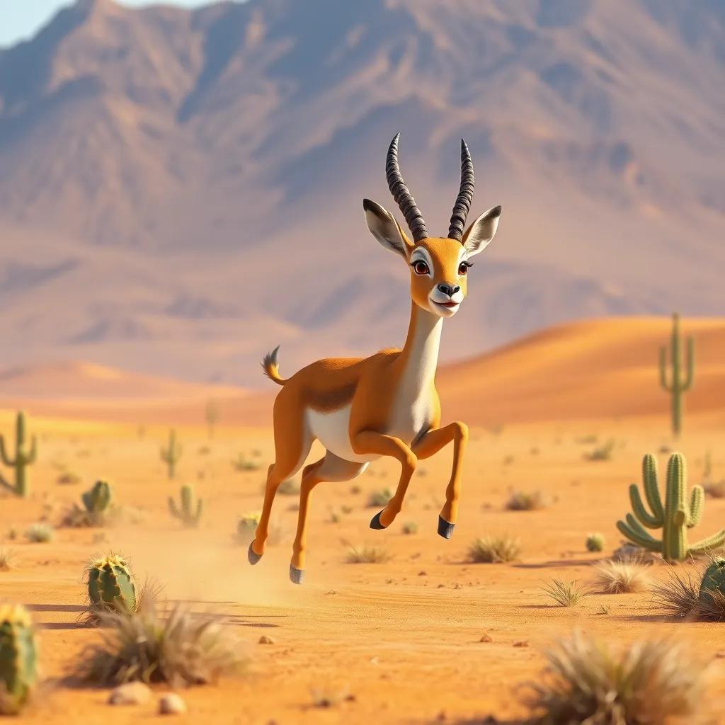 A free gazelle, with a graceful body and soft, tan fur, running joyfully across vast, sunlit desert plains with cacti around, digital art, vibrant colors, lively atmosphere, high quality