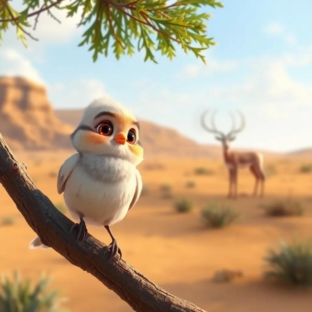 A little sparrow, sitting on a tree branch, with soft feathers and bright eyes, observing a free gazelle in a desert landscape, cheerful, friendly atmosphere, child-friendly, high quality