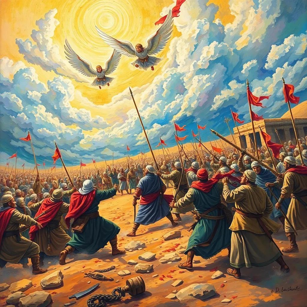 A battlefield in Badr where Muslim warriors, led by Muhammad, are fighting courageously, surrounded by clouds, angels appearing above helping them, dynamic movement, epic battle scene, children-friendly art style, colorful, vibrant colors, high quality