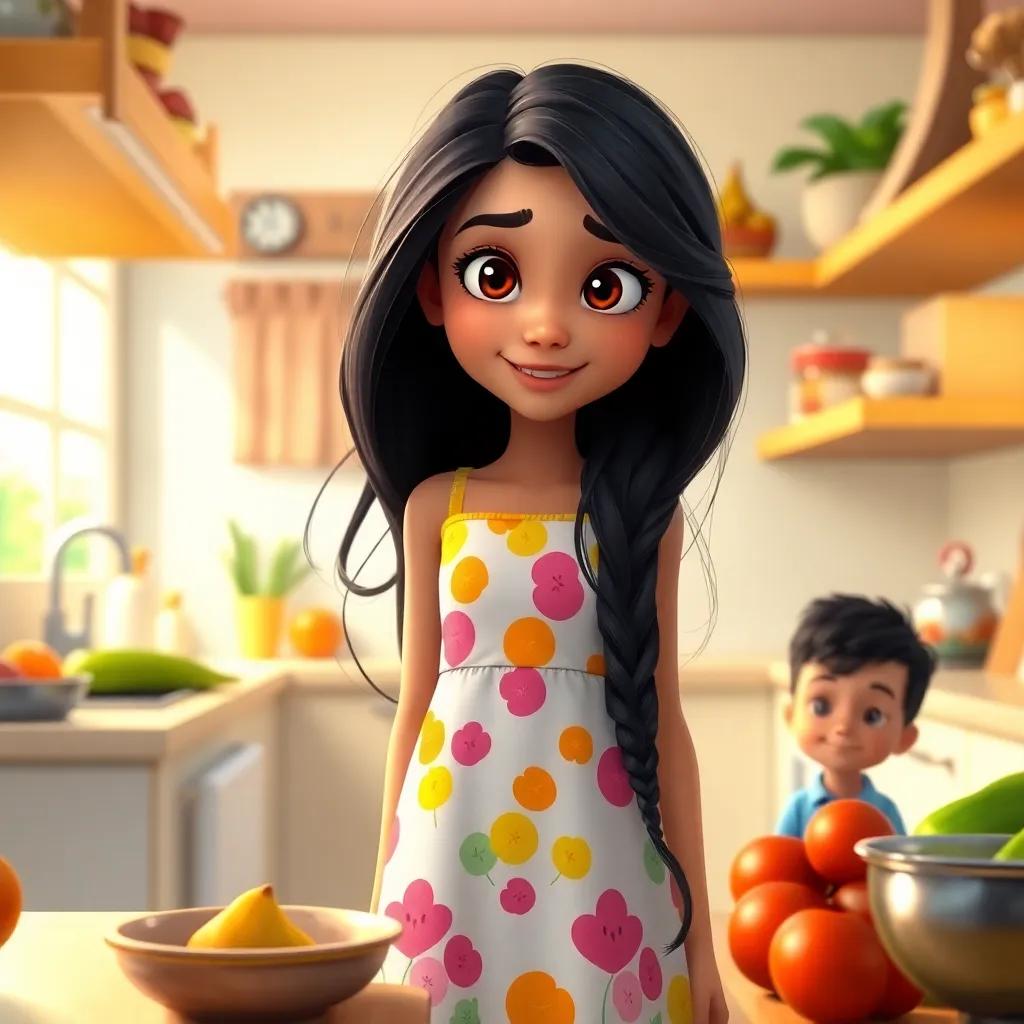 A beautiful girl, Ghala, with long black hair, wearing a colorful dress, standing in a bright kitchen with her little brother, looking at ingredients, cheerful atmosphere, digital art, warm colors, inviting scene, high quality