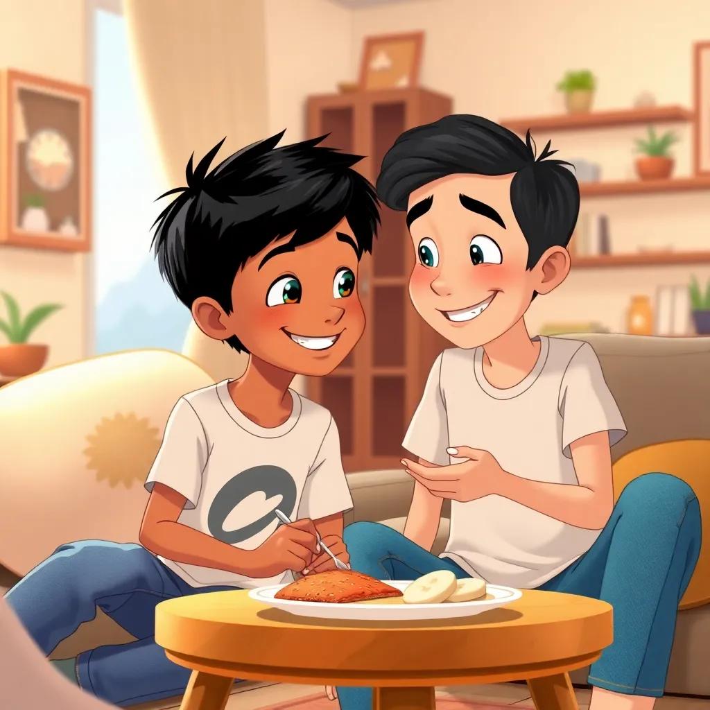 Ghith, a young boy with short black hair, wearing jeans and a t-shirt, sitting with Ghala in a cozy living room, sharing a light meal, smiling, bright and friendly environment, illustration, child-friendly, high quality
