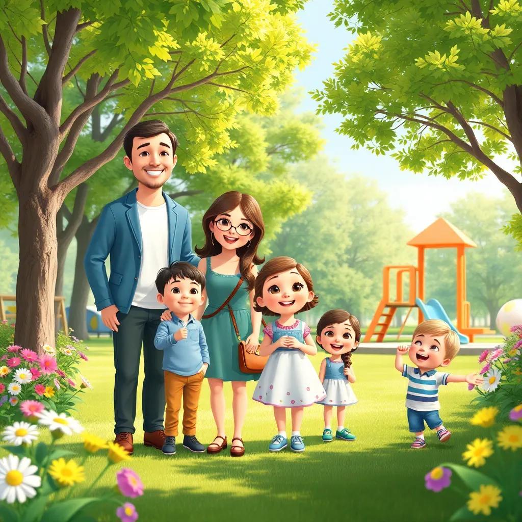 A small beautiful family in a sunny park, playground and flowers around, father, mother, son, daughter, and a little brother, happy and cheerful atmosphere, bright colors, cheerful children's play, high quality