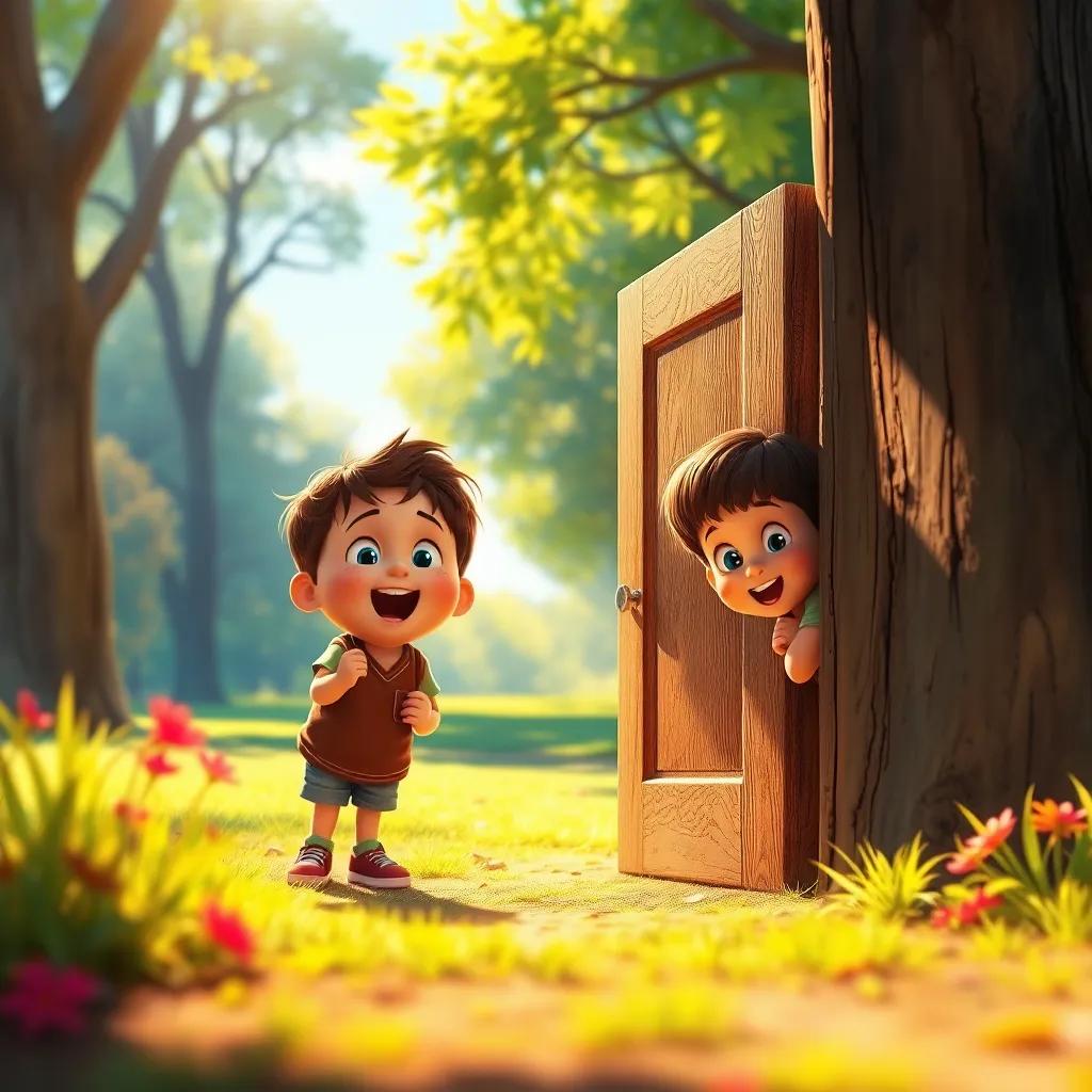 Children peeking through a small door in the park, looking excited and curious, depicting their emotions of wonder and excitement, digital art, colorful, warm sunlight, immersive perspective, high quality