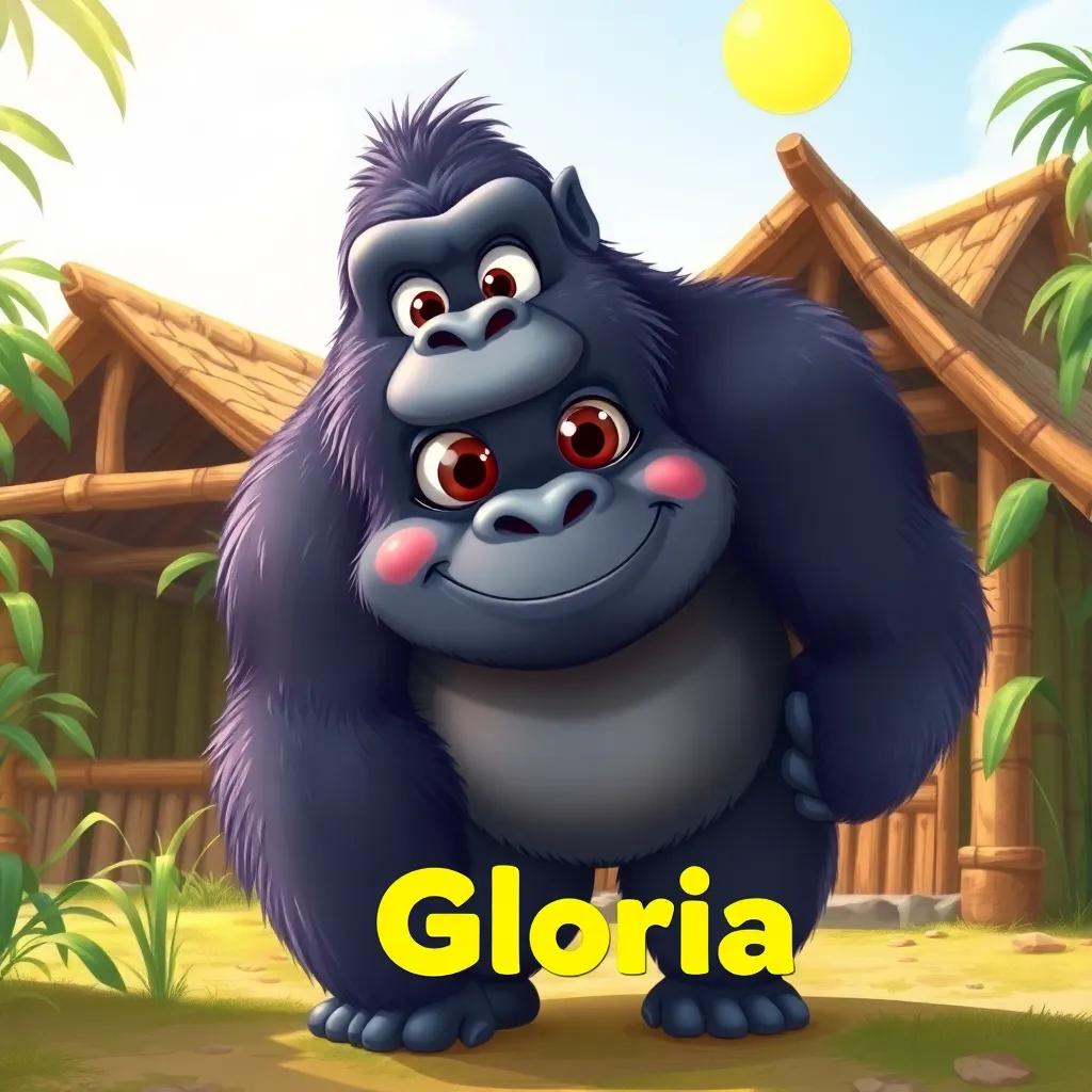 A big gorilla named Gloria, with shiny fur and big, bright eyes, standing happily in front of a bamboo house, under a sunny sky, detailed digital art, vibrant colors, cheerful atmosphere, high quality