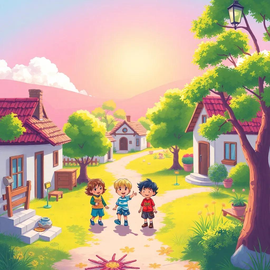 A small village with simple houses and green trees, children playing together, colorful clothes, cheerful atmosphere, bright sunlight, illustration, vibrant colors, joyful scene, high quality