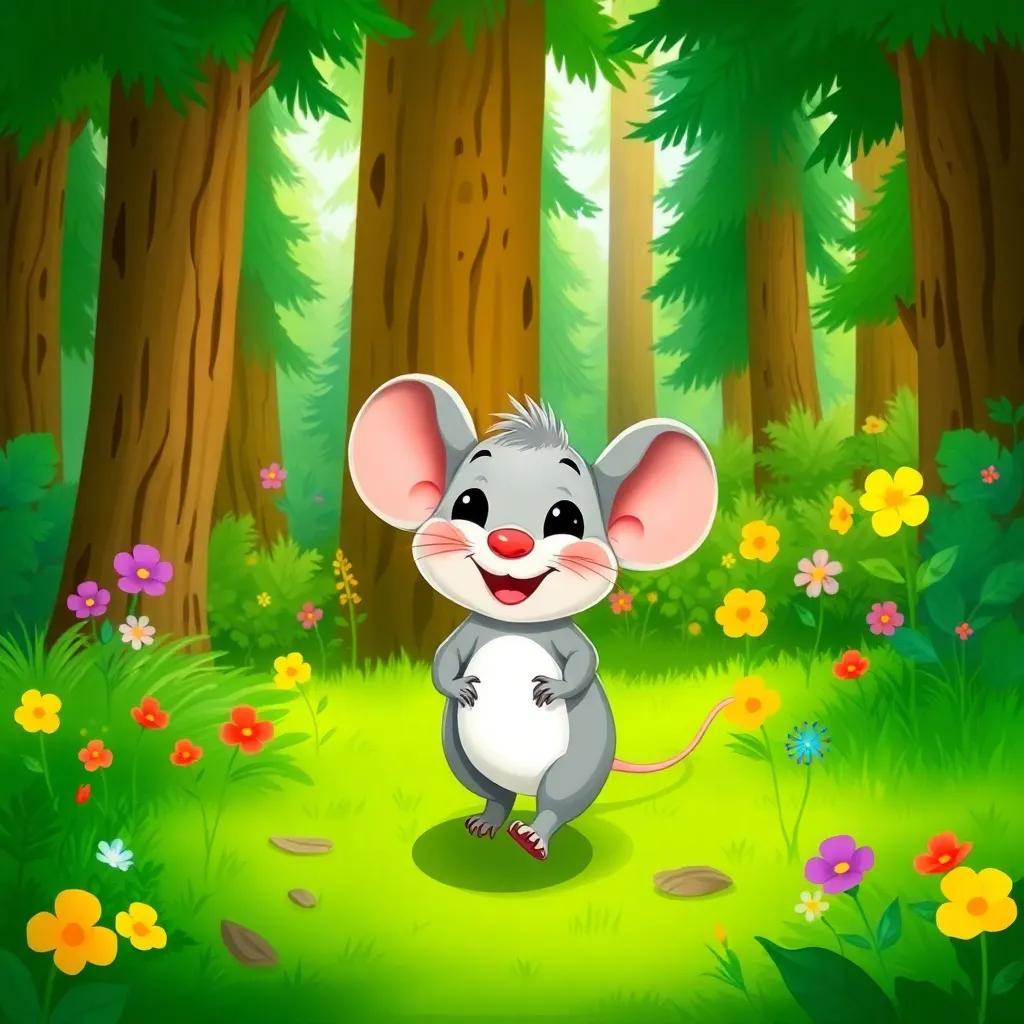 A happy mouse named Mimo, a small gray mouse with big ears and a cheerful smile, happily walking in a lush green forest filled with tall trees and colorful flowers, digital art, bright and vibrant colors, playful atmosphere, high quality