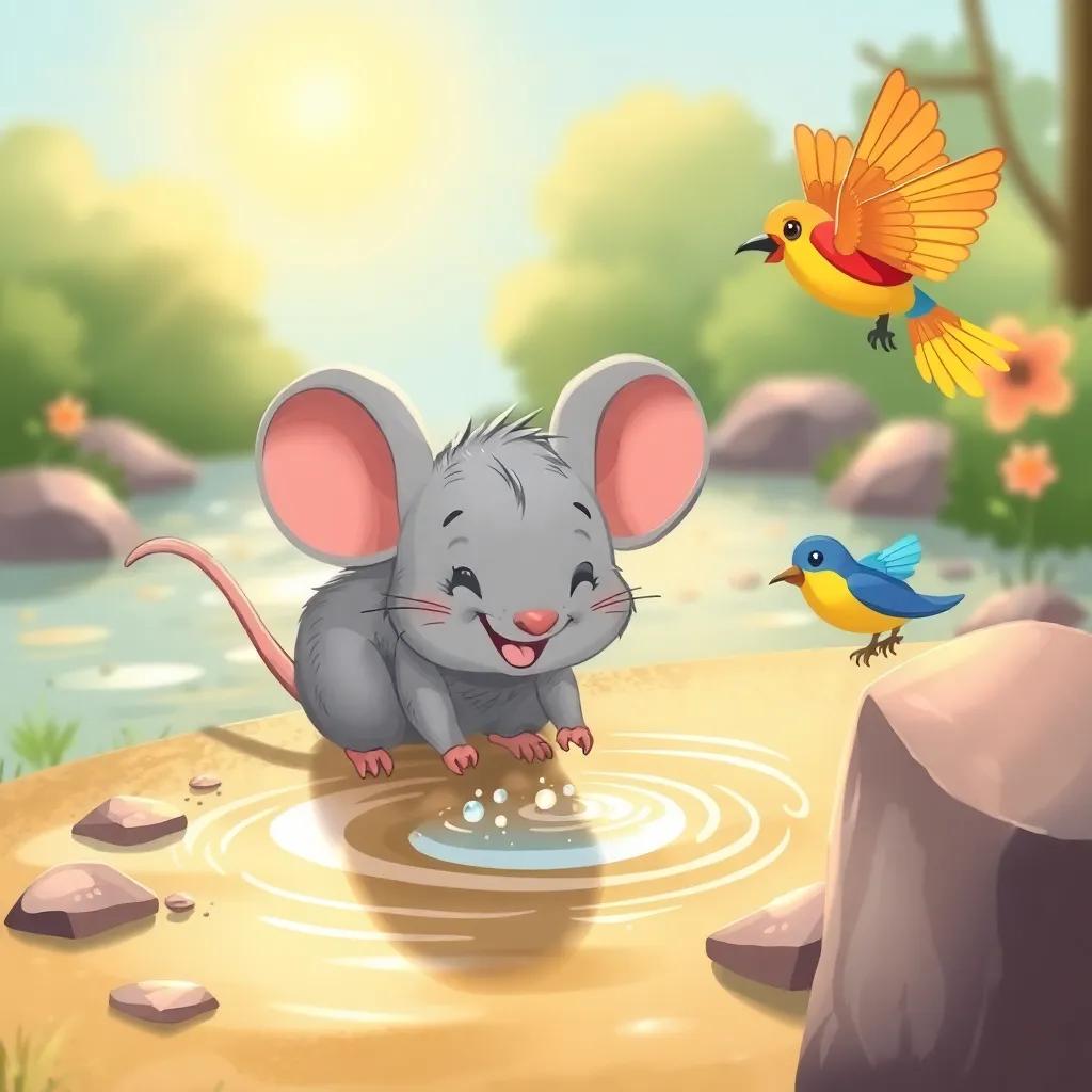A happy mouse named Mimo, a small gray mouse with big ears and a cheerful smile, drinking from a small sparkling river under the warm sun, with a colorful bird flying nearby, cheerful, cute, engaging scene, high quality