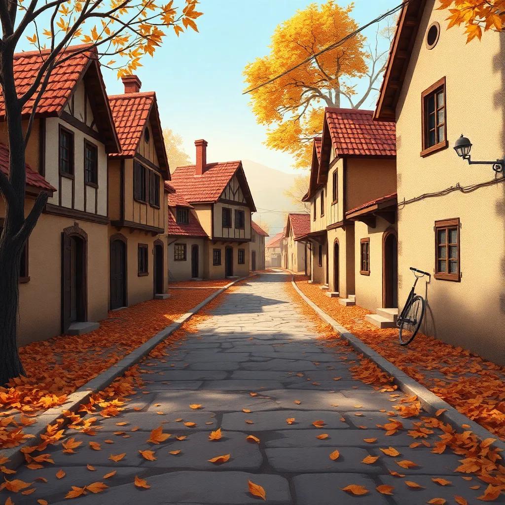 A deserted old village with empty houses and streets, covered in fallen leaves, a warm sunlight casting soft shadows, creating a serene atmosphere, cute and inviting, whimsical illustration, child-friendly