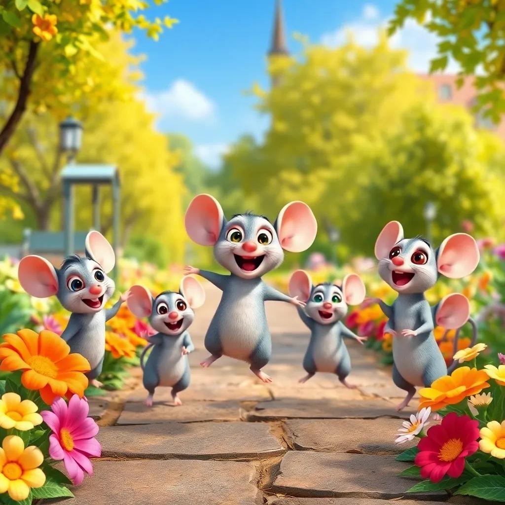 A joyful group of cute mice, with big eyes and tiny ears, playing in an old park, jumping around and smiling, colorful flowers surrounding them, bright and cheerful, playful art style.