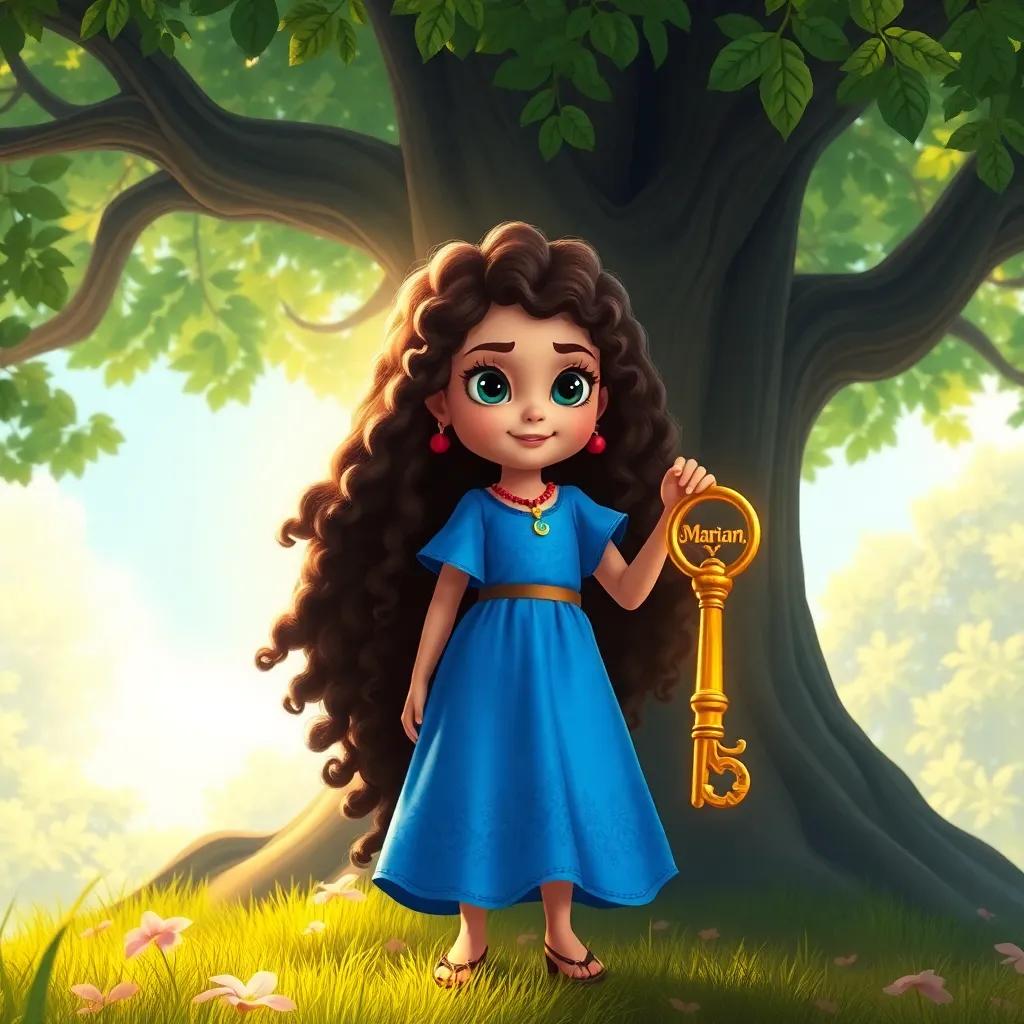 A brave girl, Mariam, with long, curly hair, wearing a bright blue dress, standing under a large tree, holding a shiny golden key, sunlight filtering through the leaves, magical atmosphere, digital art, vivid colors, enchanting scene, high quality